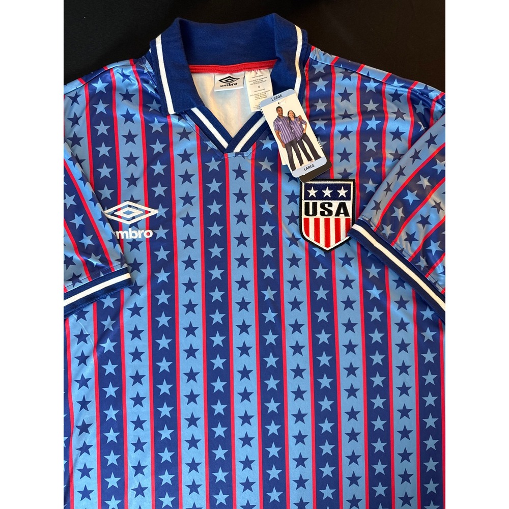 Umbro USA Soccer Jersey Mens Large Blue Red Stars Stripes Patriotic Soccer Shirt